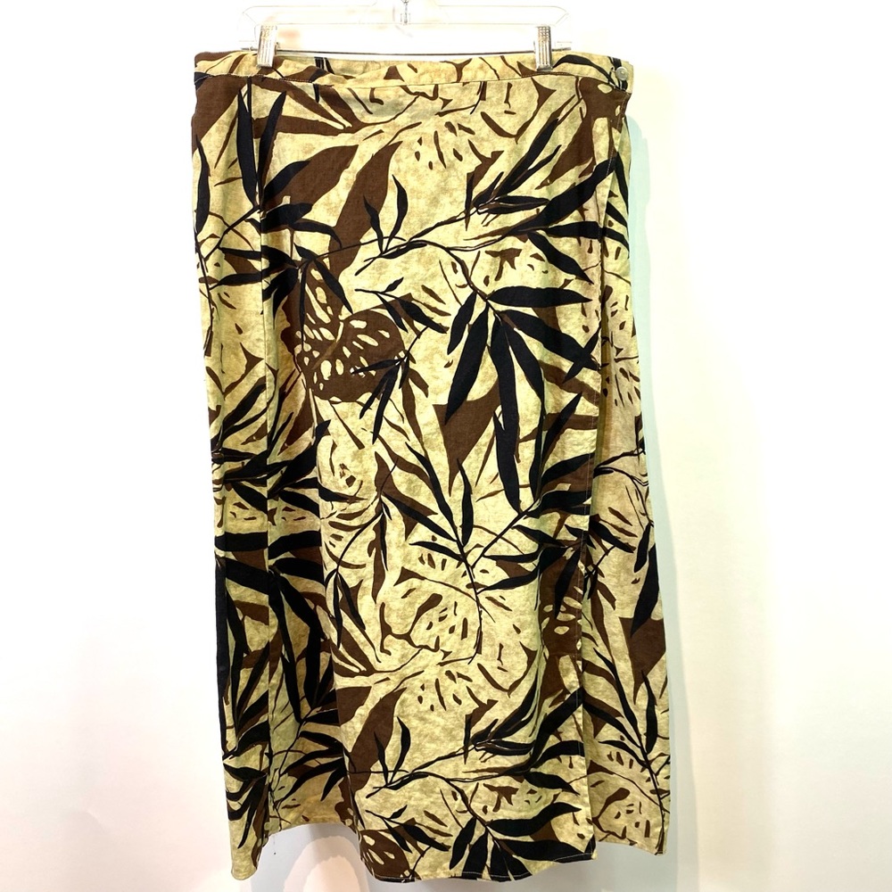 Caran Womens Skirt Linen Cotton Blend Faux Wrap Tan Brown Monstera Boho Sz 1X